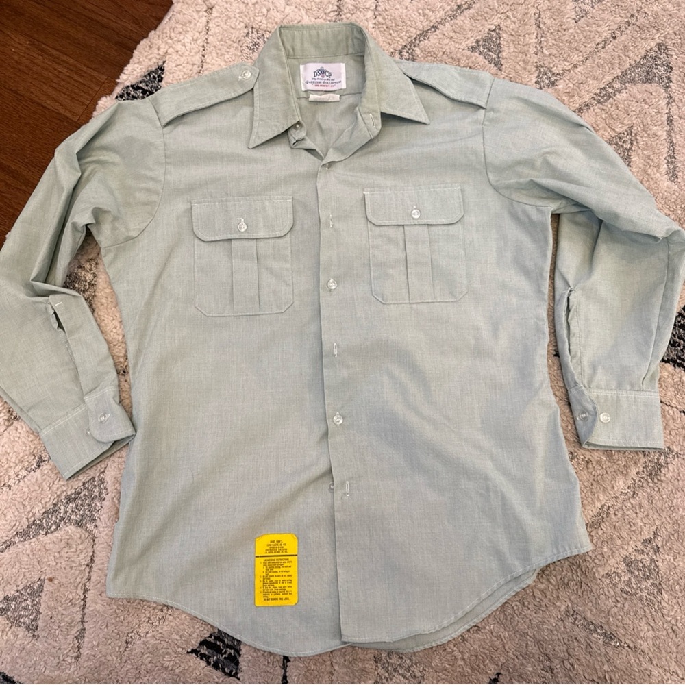 DSCP Garrison Men's Button-Up Vtg Long Sleeve Green Pockets 16 Inch Neck